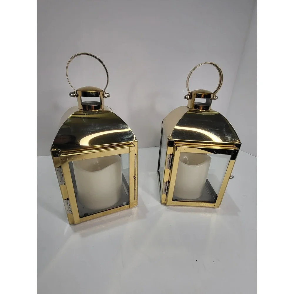 Gold Metal Lanterns with LED Candles Pair Decorative Wedding Decor 7.5in